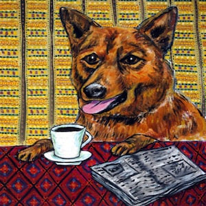 Finnish Spitz at the Coffee Shop - dog art - tile coaster - animal lover gift