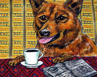 Finnish Spitz at the Coffee Shop - dog art - tile coaster - animal lover gift