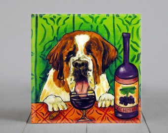 Saint Bernard coaster tile - wine artwork - dog decor gift - bithday fathers day - multiple sizes