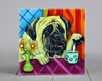 mastiff coffee dog art coaster tile - dog lover gift - birthday gift - home kitchen decor