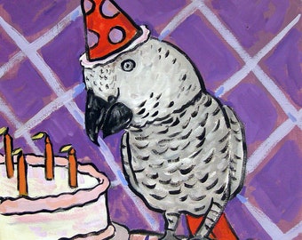 African grey birthday parrot art print - stretched canvas or paper print - multiple sizes available