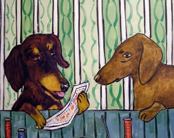 dachshund tile - dachshund art - Dachshund Doing Needlepoint Dog art tile coaster - dachshund gifts