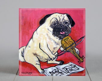 pug playing violin. dog art - tilwe coaster - animal lover gift