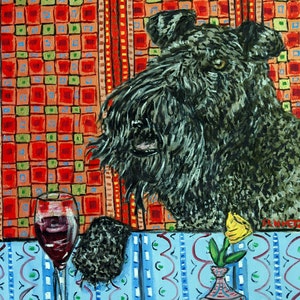 KERRY blue terrier at the wine bar dog art print - stretched canvas or paper print - multiple sizes