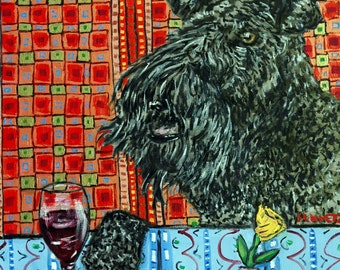 KERRY blue terrier at the wine bar dog art print - stretched canvas or paper print - multiple sizes