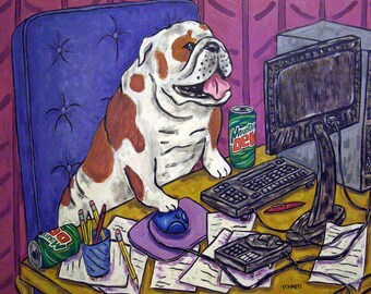 bulldog working on a computer - image for digital download