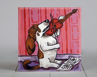basset hound playing the violin - dog art - tile coaster - gift