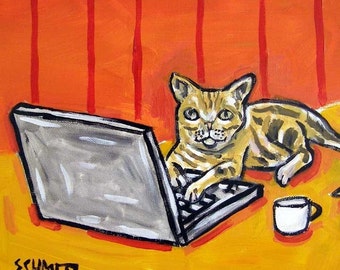 cat tile - cat art - Cat Working From Home Art coaster tile, cat gifts, gift