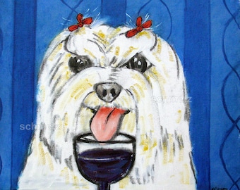 maltese canvas print, wine bar wall art, dog decor, dog art unframed, dog wall decormaltese print, maltese art, wine canvas , archivaldecor