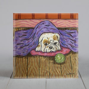 bulldog puppy taking a nap - dog art - coaster tile - dog lover gift