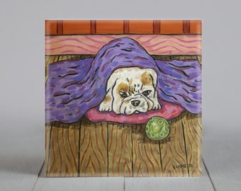 bulldog puppy taking a nap - dog art - coaster tile - dog lover gift