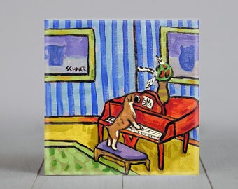 boxer playing piano dog art tile coaster gift - multple sizes