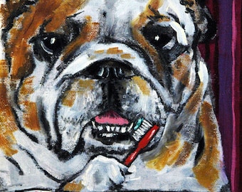 bulldog art - bulldog  dog art PRINT- dentist, gift, bathroom art, dog, dog art, dog print, bulldog print, modern folk art