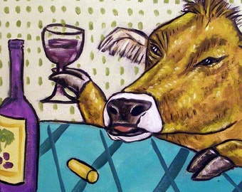 Cow at the Wine Bar Animal art tile coaster gift decor