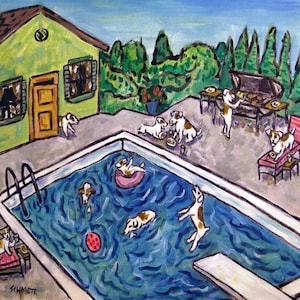 May include: A painting of a group of Jack Russell Terriers enjoying a summer day by the pool. Some dogs are swimming, while others are lounging on chairs or playing with a ball. There is a green house in the background and a grill with a dog grilling hot dogs.
