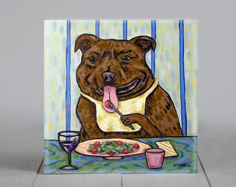 pit bull with dinner salad dog art tile coaster gift - multiple sizes