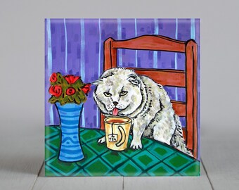 scottish fold reading - cat art - tile coaster - animal lover gift - home decor