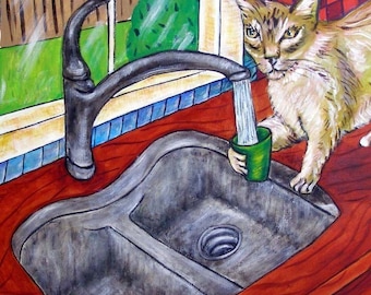 cat tile - cat art - Cat Getting a Drink Art coaster tile, cat gifts, gift