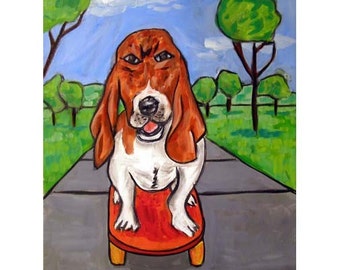 Basset Hound Riding a Skateboard Dog Art Print - animal decor