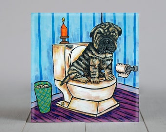 shar pei in the bathroom dog art artwork tile coaster gift - multiple sizes