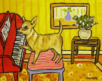 chihuahua playing piano dog art print - stretched canvas or paper print - multiple sizes available