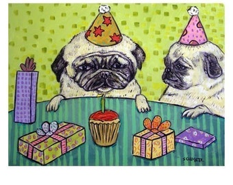 Pug birthday party   dog art print gift gifts