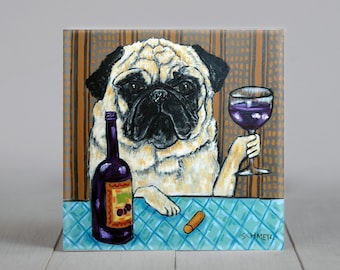 pug coaster tile wine decor gift art decor