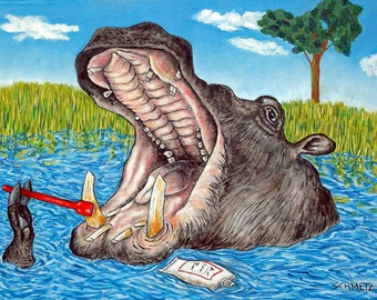 hippo brushing teeth animal art print on ready to hang stretched canvas - multiple sizes available