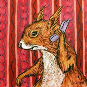 Red Squirrell Taking on a Cell Phone Art coaster tile