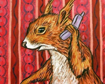 Red Squirrell Taking on a Cell Phone Art coaster tile
