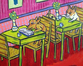 chihuahua at the cafe coffee shop dog art tile coaster gift - multple sizes