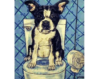 boston terrier dog art in the bathroom 13x19 dog art print - matte or glossy