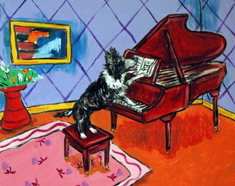 archival giclee, border collie art, collie piano, piano player, canvas wall art, dog print, dog decor, animal decor, canvas print