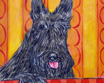Scottish Terrier Reading a Book Dog Art Print on ready to hang stretched canvas- modern home wall decor - librarian gift