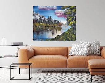 Lake Mountain with Pink Clouds home decor art - canvas or matte paper print - multiple sizes