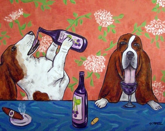 Basset hound at the wine bar   dog art artwork print gift
