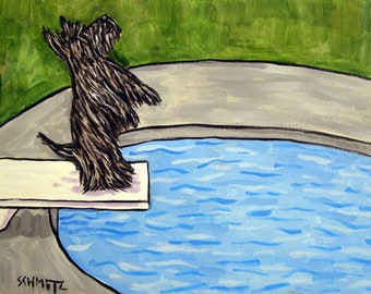 Scottish Terrier at the Pool diving board Dog Art on canvas print - ready to hang - home decor gift