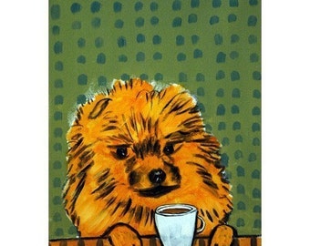 pomeranian at the coffee shop dog animal art print - stretched canvas or paper print - multple sizes