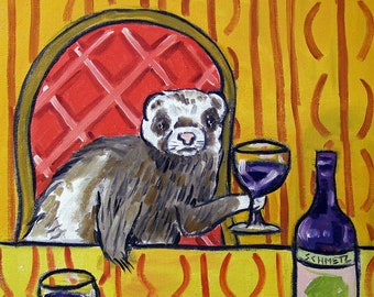Ferret agt the wine bar dog art print - stretched canvas or paper print - multple sizes