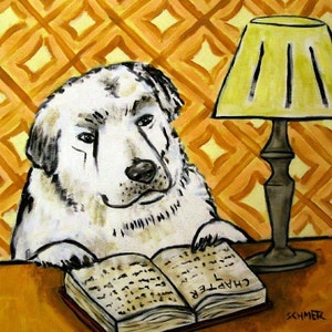 Great Pyrenees Reading Dog Art coaster tile