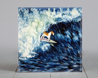Fox Terrier surfer - dog art - tile coaster - animal lover gift - dog decor