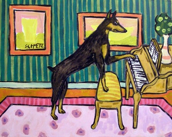 Doberman Pinscher playing piano Dog Art Print on matte or glossy paper- multiple size wall art