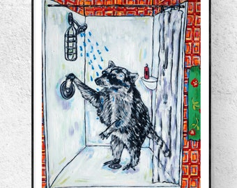 raccoon art bather canvas print gift modern Giclee- ready to hang by Jay Schmetz