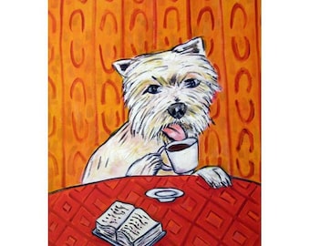 West Highland White Terrier at the Coffee Shop Dog Art Print stretched canvas or paper print - multiple sizes