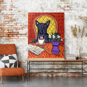Scottish Terrier at the Coffee Shop Dog Art Print artork gift animal decor modern folk