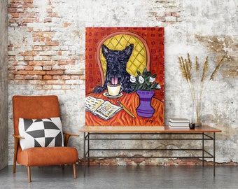 Scottish Terrier at the Coffee Shop Dog Art Print artork gift animal decor modern folk