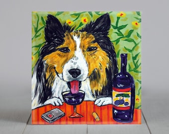 Shetland sheepdog at the wine bar dog art tile coaster gift - multiple sizes available
