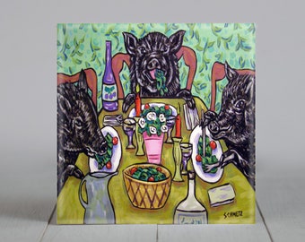 pig dinner time - animal art - tile coaster - gift
