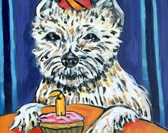 West Highland White Terrier Birthday Dog Art coaster tile - multple sizes
