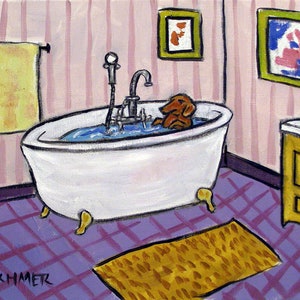 dachshund taking a bath dog art print on paper